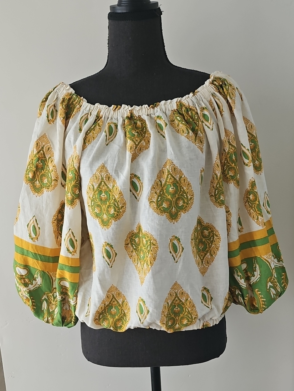 Haute Hippie Cream Linen Blend Blouse with Gold/Sage Green Print- NWOT